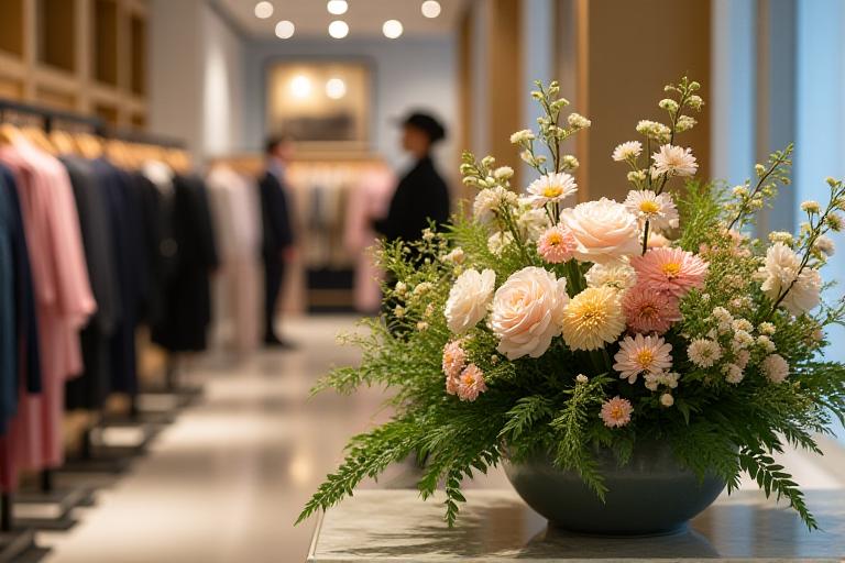 An artfully curated floral display inside a high-end fashion boutique, complementing the merchandise.