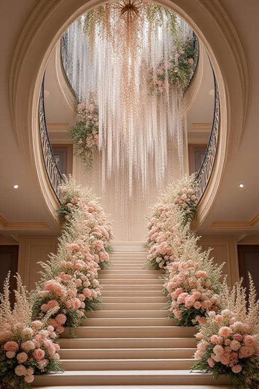 A cascading floral installation hanging from a staircase.