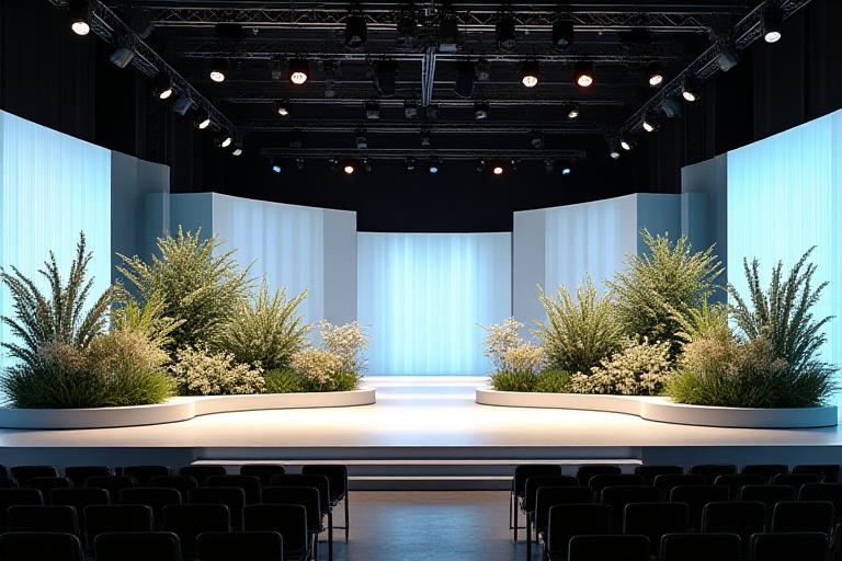 A stage decorated with modern, sculptural floral installations for a corporate event.