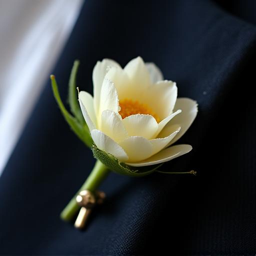 A close-up of a delicate ranunculus buttonhole on a suit lapel.
