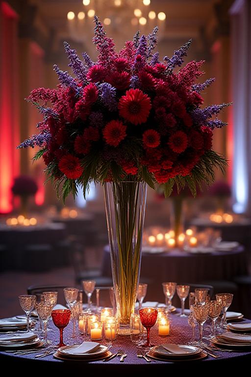 A dramatic, tall centerpiece with dark red and purple flowers.