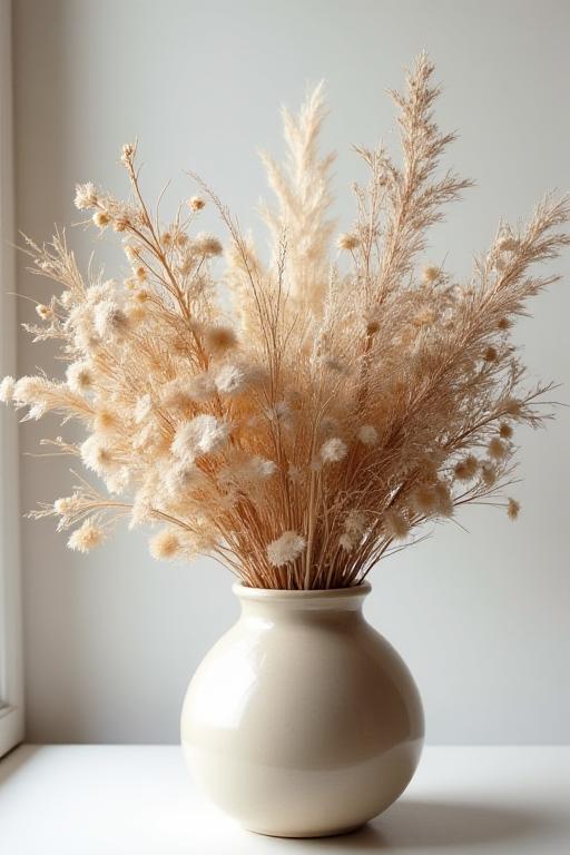 A sophisticated arrangement of dried and preserved flowers in natural tones, showcasing texture and longevity.