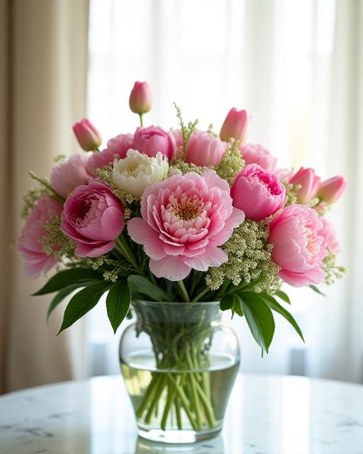 A luxurious spring bouquet featuring peonies, tulips, and delicate greenery in a clear glass vase.