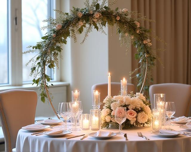 An intimate wedding table featuring an elegant, low-lying floral arch design with blush and white blooms.