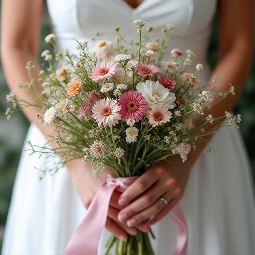 A bridal bouquet of wildflowers tied with a silk ribbon.