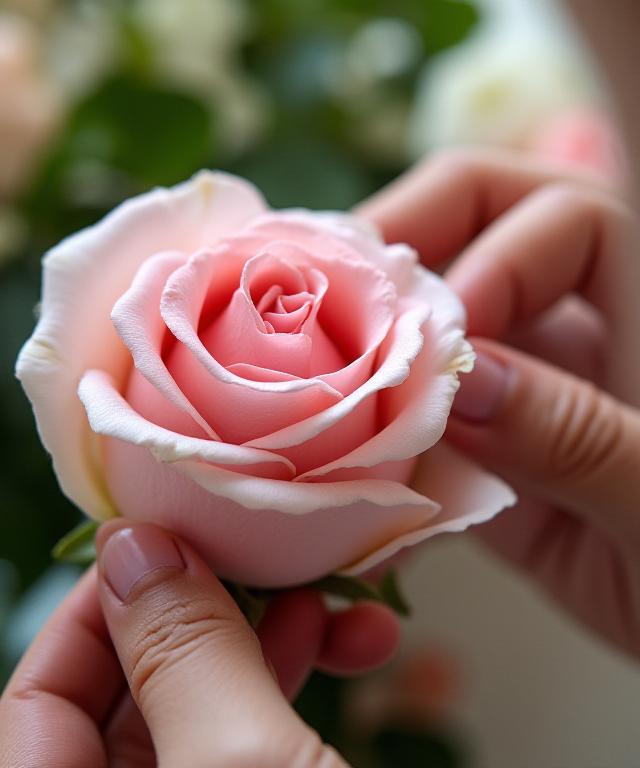 Close-up of a florist's hands carefully arranging a delicate pink rose into a bouquet.