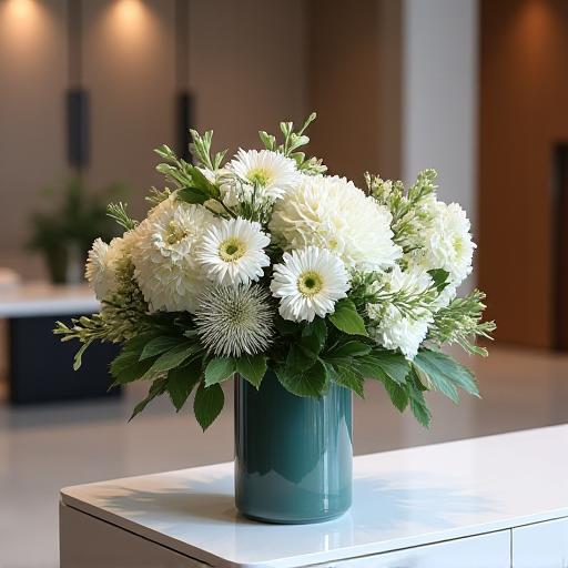 An elegant, modern floral arrangement on a reception desk in a corporate lobby.