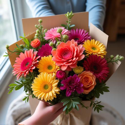 A person unboxing a curated selection of fresh flowers from a subscription service.