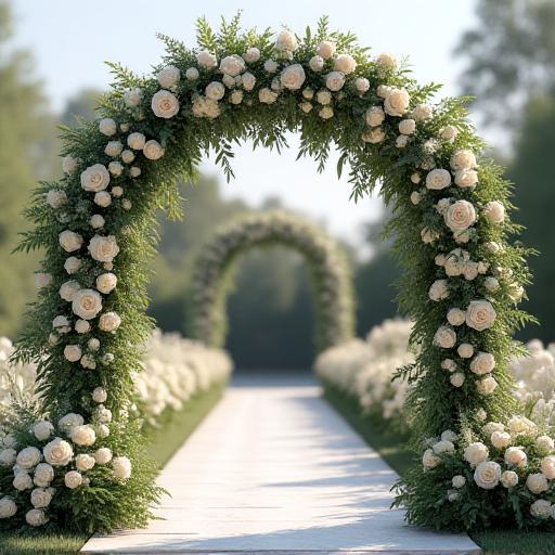 A stunning wedding arch adorned with white roses and flowing greenery.